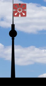 Montage: Silhouette of Fernsehturm Berlin against a blue, partly cloudy sky, used as a flag pole for the FlatPress logo.